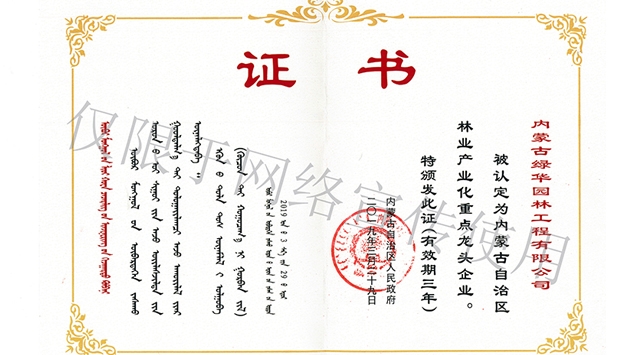 標題：內蒙古龍頭企業榮譽證書
瀏覽次數：1997
發表時間：2019-10-26
